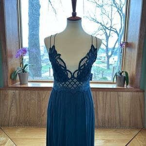Free People Adella Deep Teal Lace-Trim Slip Dress L NWT
